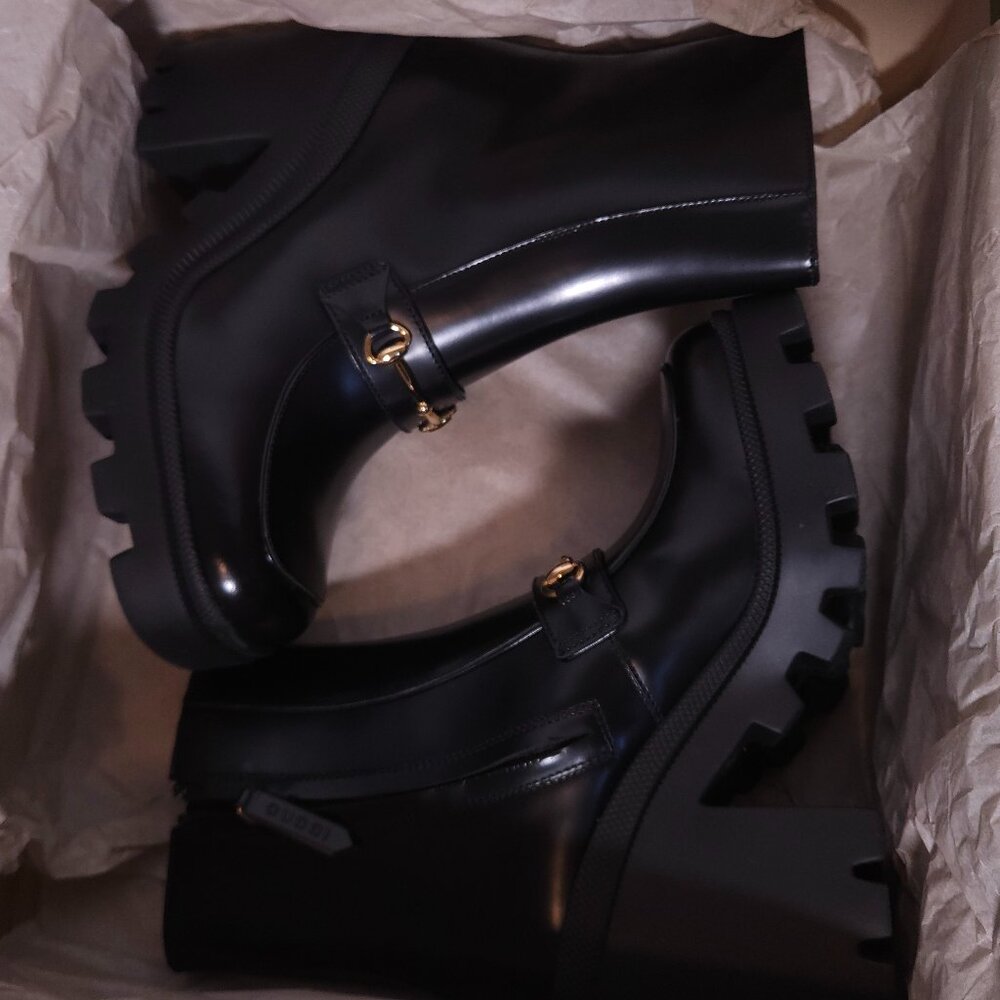 Gucci Horsebit Ankle Boots Black Leather Square Toe Lug Sole Size 36.5 / US 6.5 - Picture 4 of 14